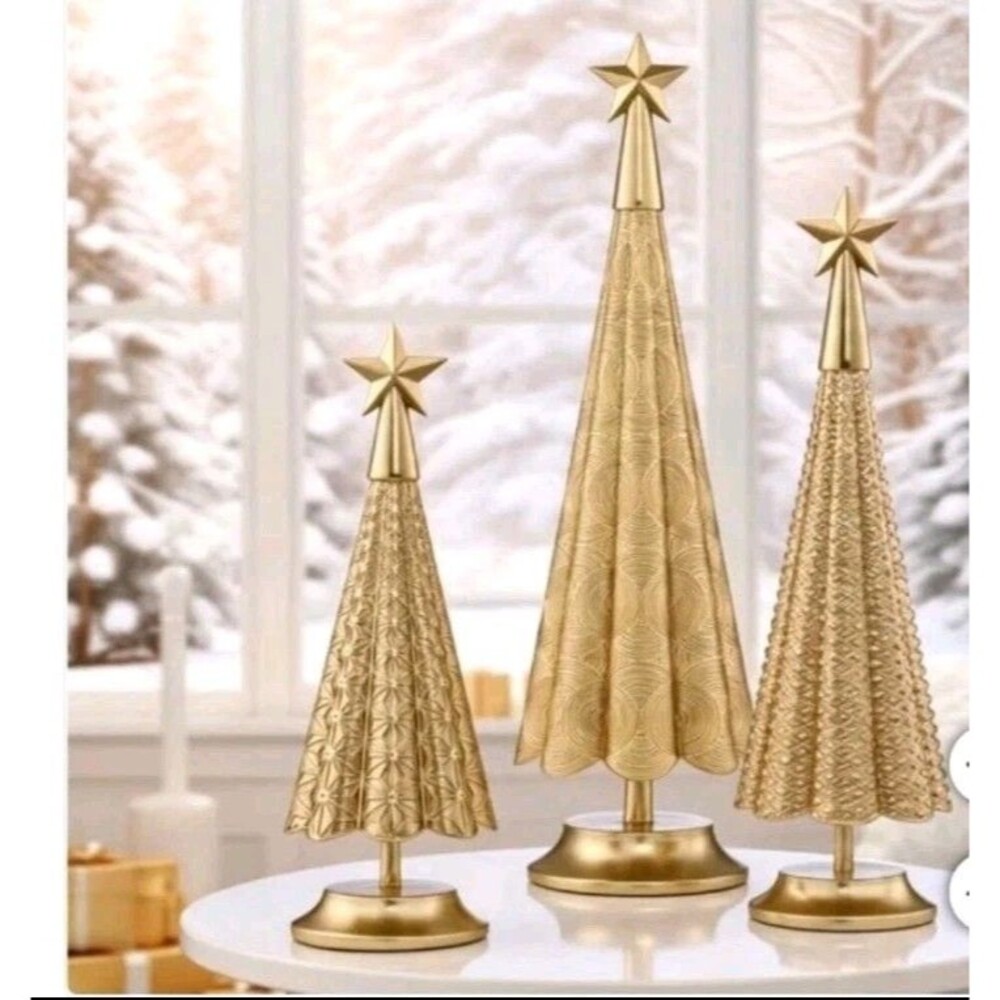3-Piece Metallic Holiday Christmas Tree Set Resin Star Top Tabletop Decor
